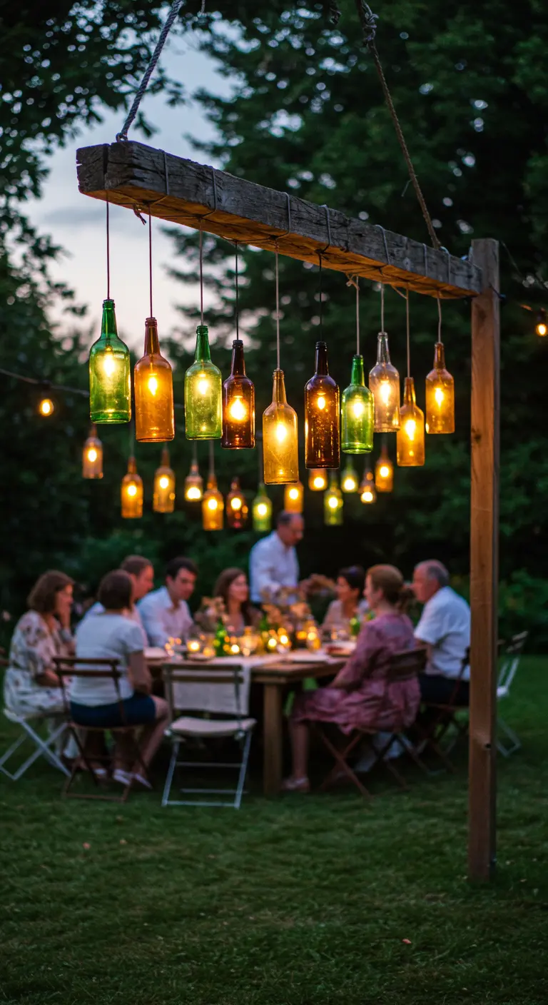 A long outdoor dining table set for a party, under hanging bottle lanterns.