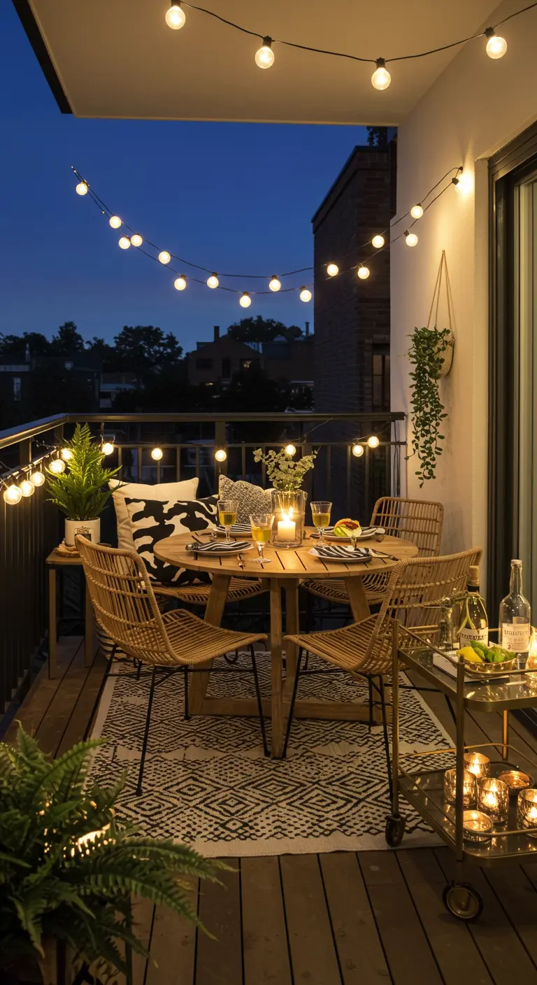 An evening dinner setup on a balcony with woven chairs and a gold bar cart.