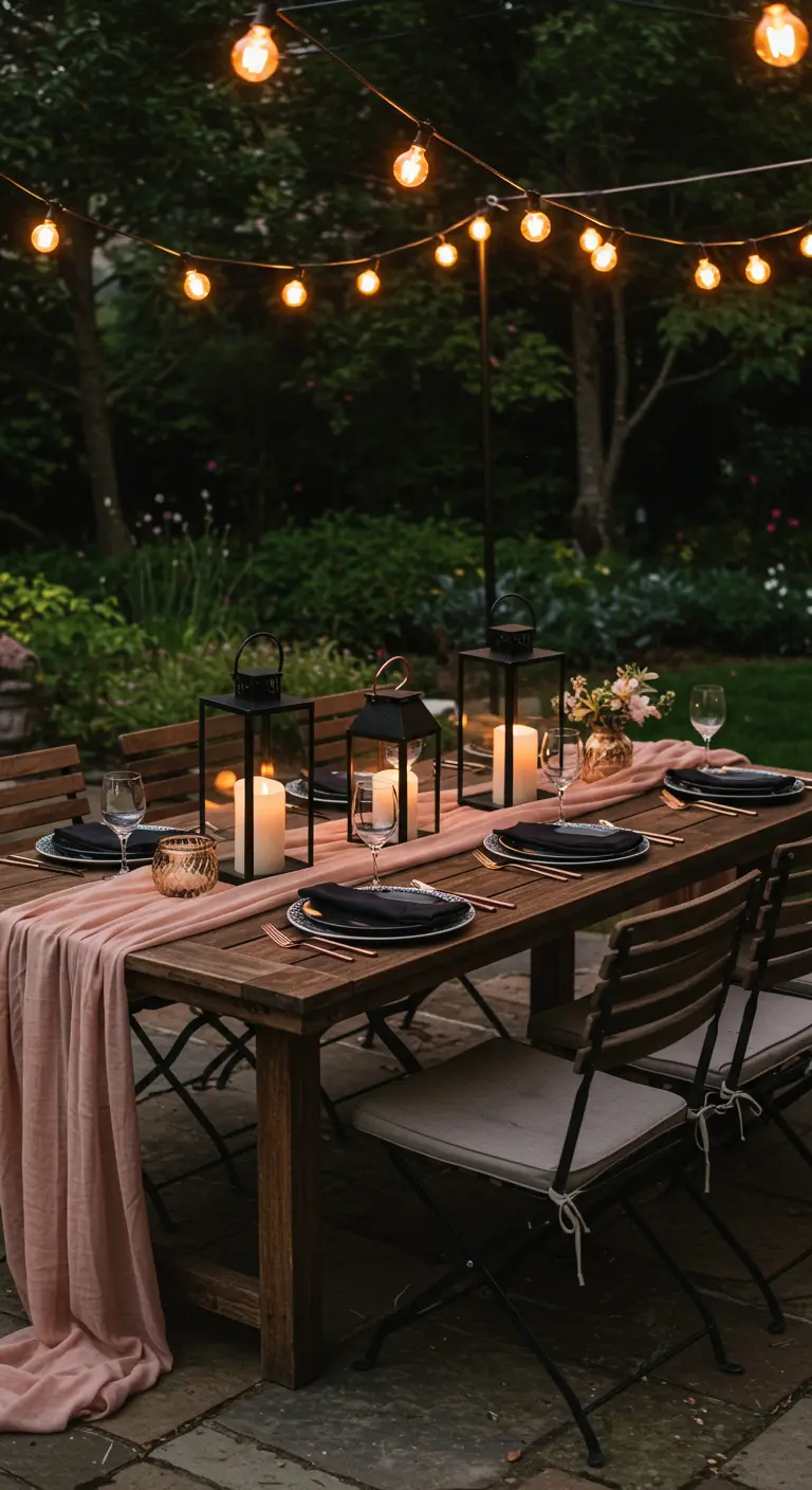 Outdoor dining table with a blush runner, black lanterns, and overhead string lights.