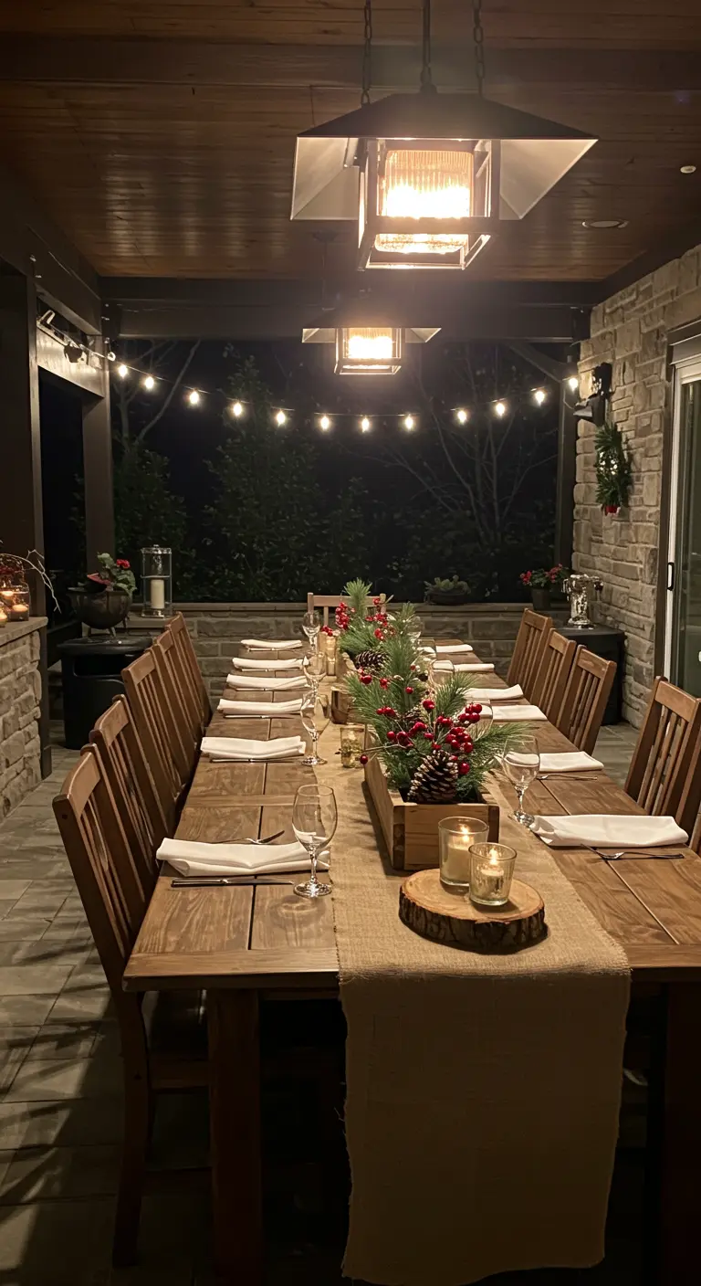 Covered patio set for a holiday dinner with a rustic centerpiece and string lights.