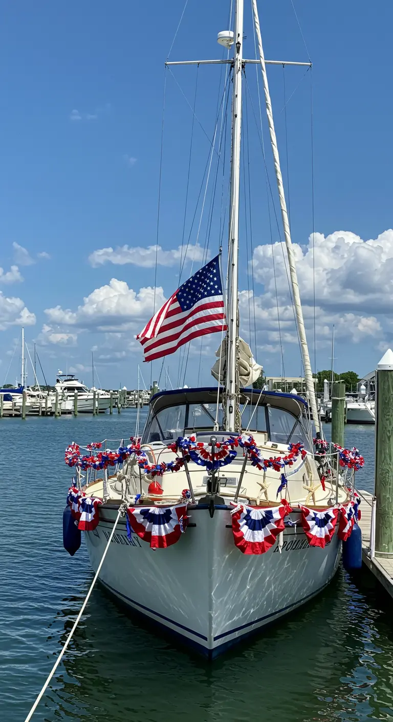 A sailboat in a marina decorated with American flag bunting and patriotic garlands for July 4th.