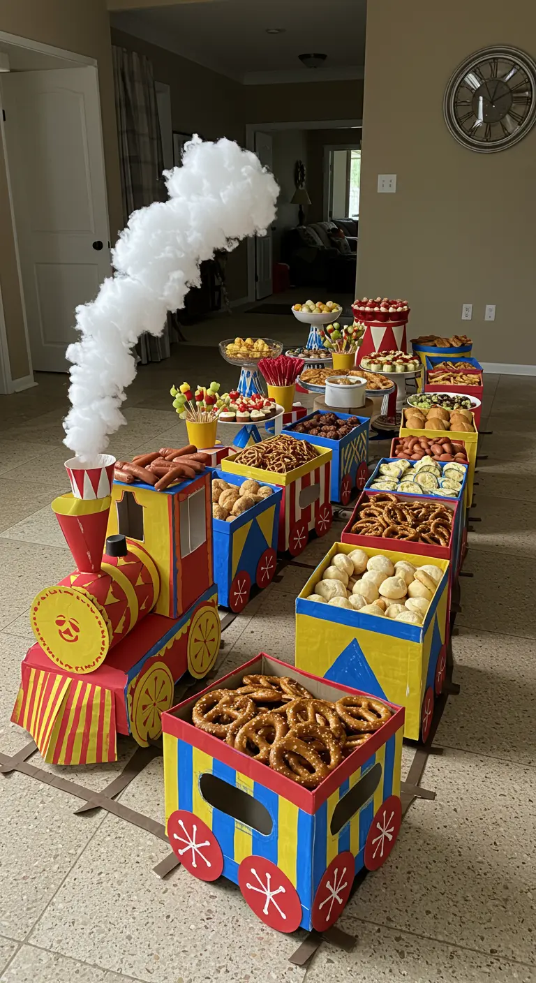 A long, colorful snack train made of cardboard boxes filled with party food.