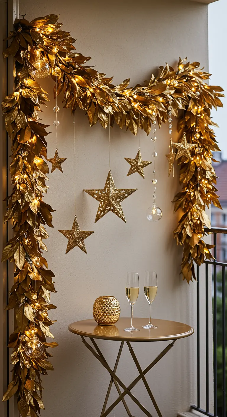 A balcony decorated with a golden leaf garland, gold stars, and champagne.