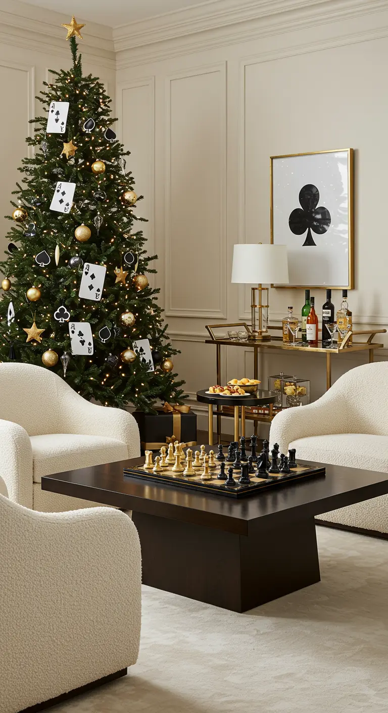 Christmas tree decorated with playing cards and a chess set on the coffee table.