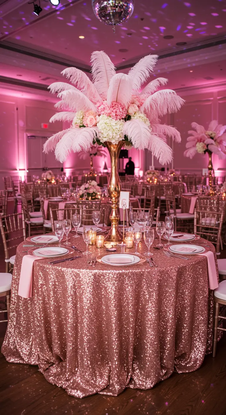Round table with a rose gold sequin tablecloth and a tall feather centerpiece.