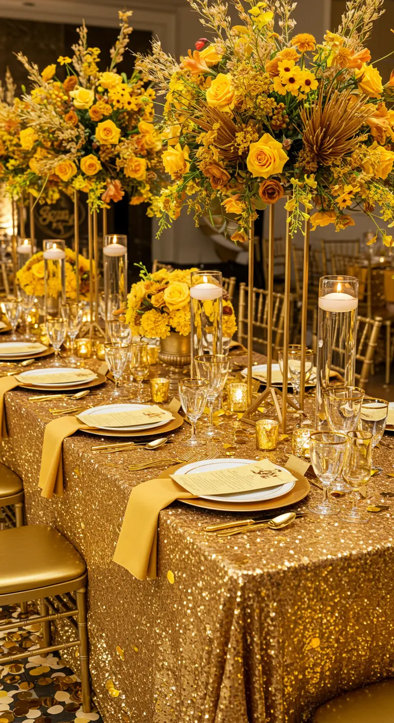 Glamorous all-gold tablescape with a sequin tablecloth and yellow flowers.