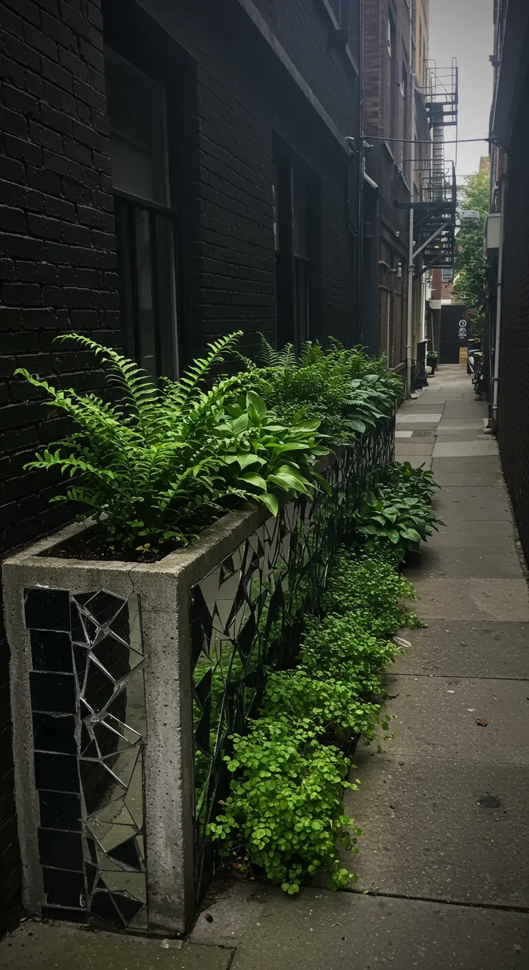 A long concrete planter with a shattered mirror mosaic brightens a narrow, dark alleyway.