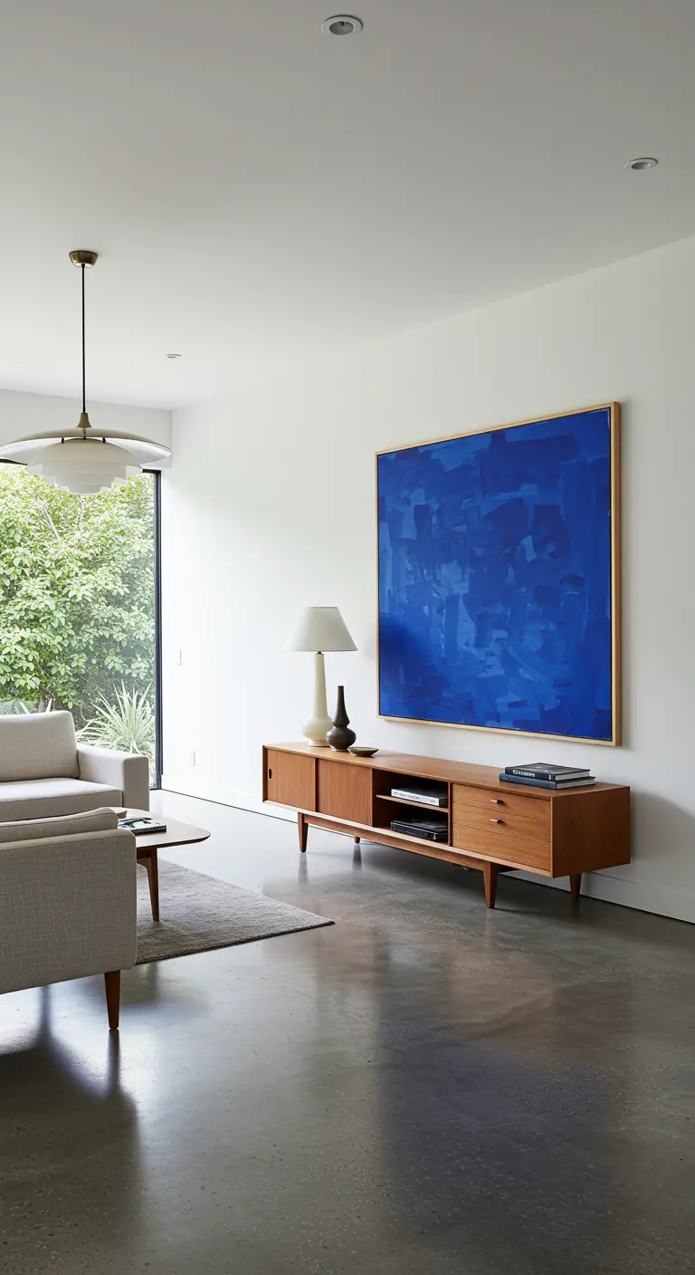 Minimalist living room with a walnut credenza below a large blue abstract painting.