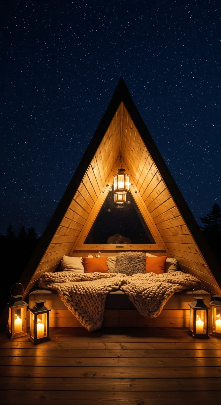 A cozy bed nook in an A-frame cabin, filled with chunky knits and lanterns.