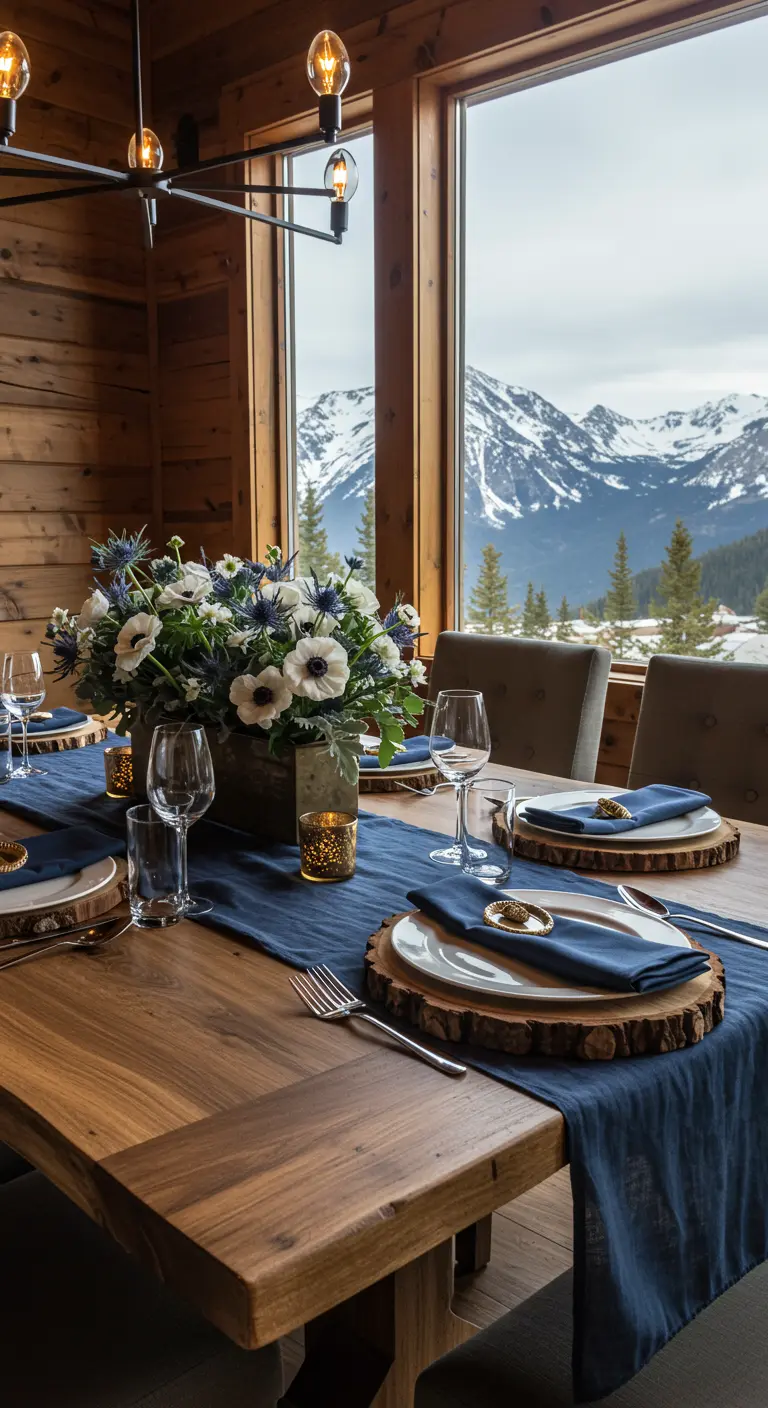 A table with a mountain view, a dark blue runner, and white anemone flowers.