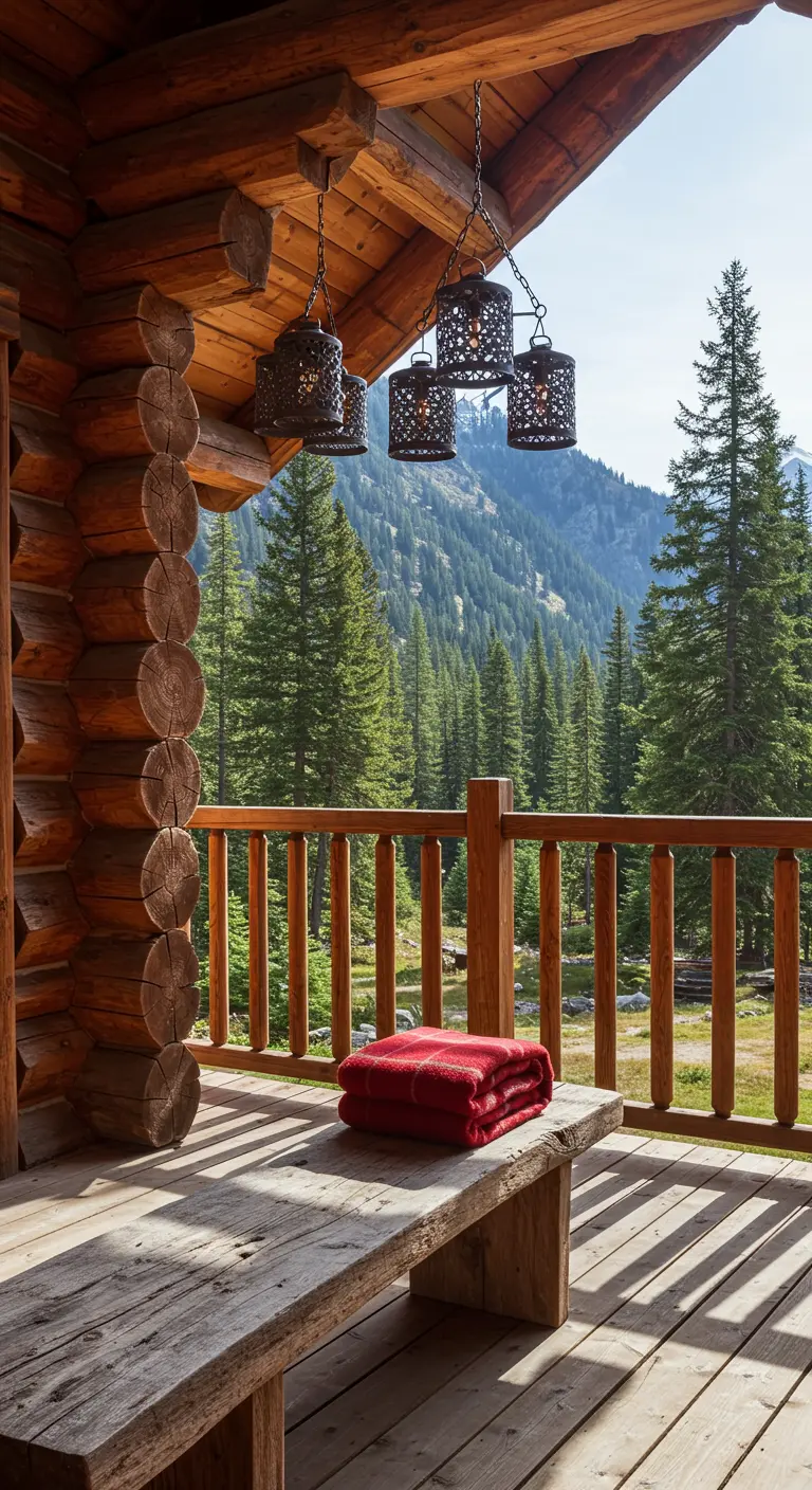 A log bench on a cabin balcony with dark metal lanterns and a view of forested mountains.