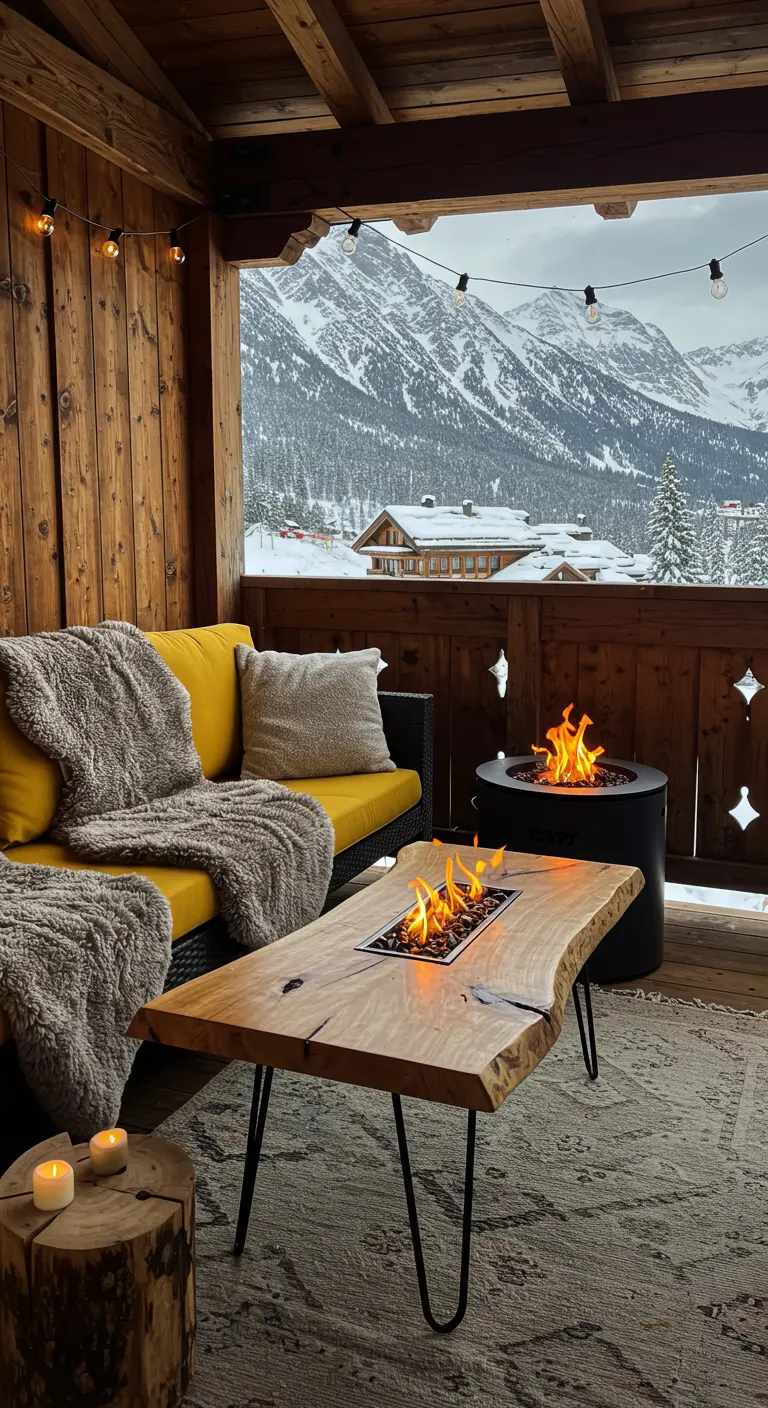A mustard sofa on a snowy mountain balcony with thick fur throws and a live-edge fire pit table.