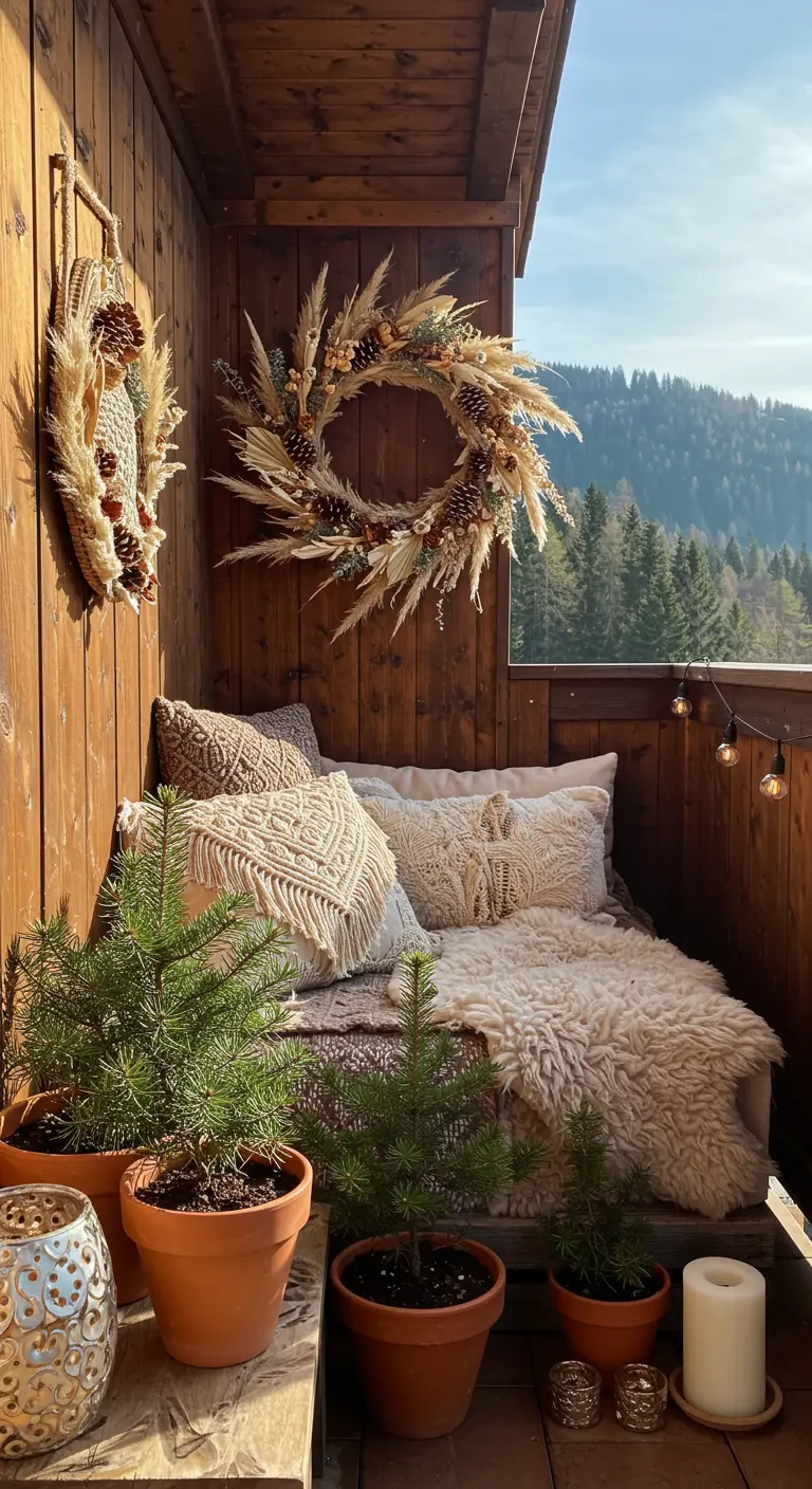 A cozy balcony daybed with macrame pillows, a sheepskin throw, and wreaths made of dried grasses.