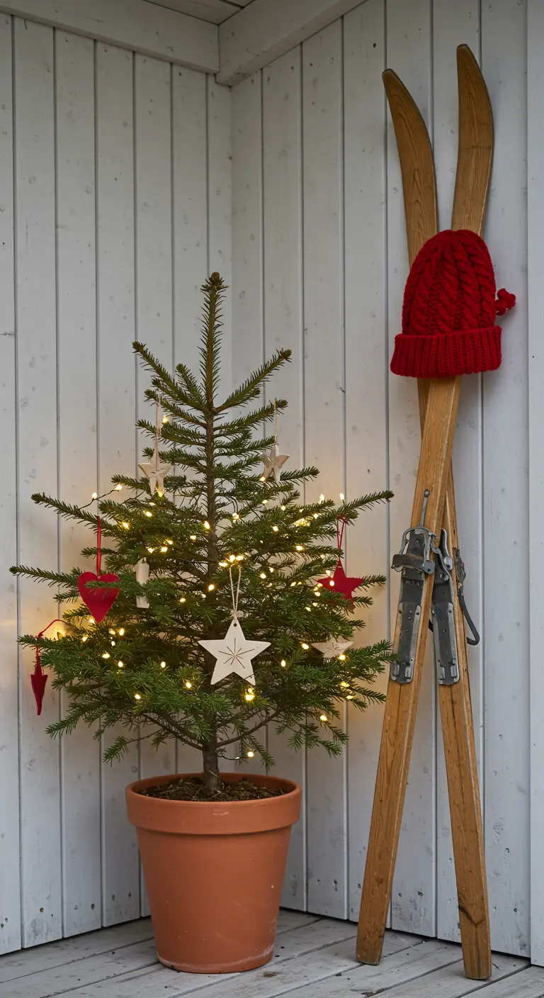 A mini tree in a terra cotta pot with vintage skis and a red knit hat.