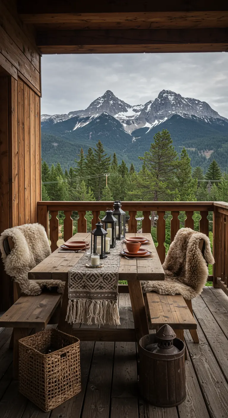 Wooden picnic table on a balcony with sheepskin throws overlooking mountains.