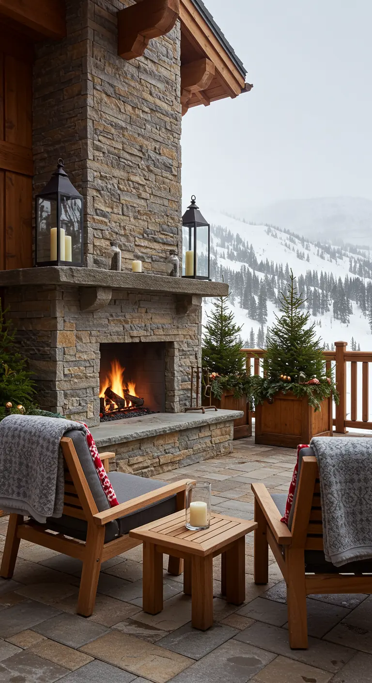 A mountain patio with a stone fireplace and chairs overlooking a snowy valley.