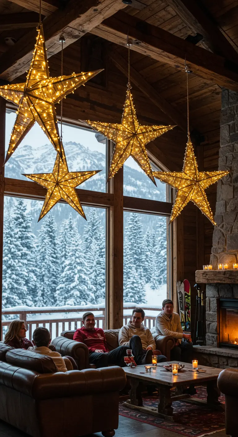 Large stars wrapped in fairy lights hang in a rustic wood cabin with a view of snowy mountains.
