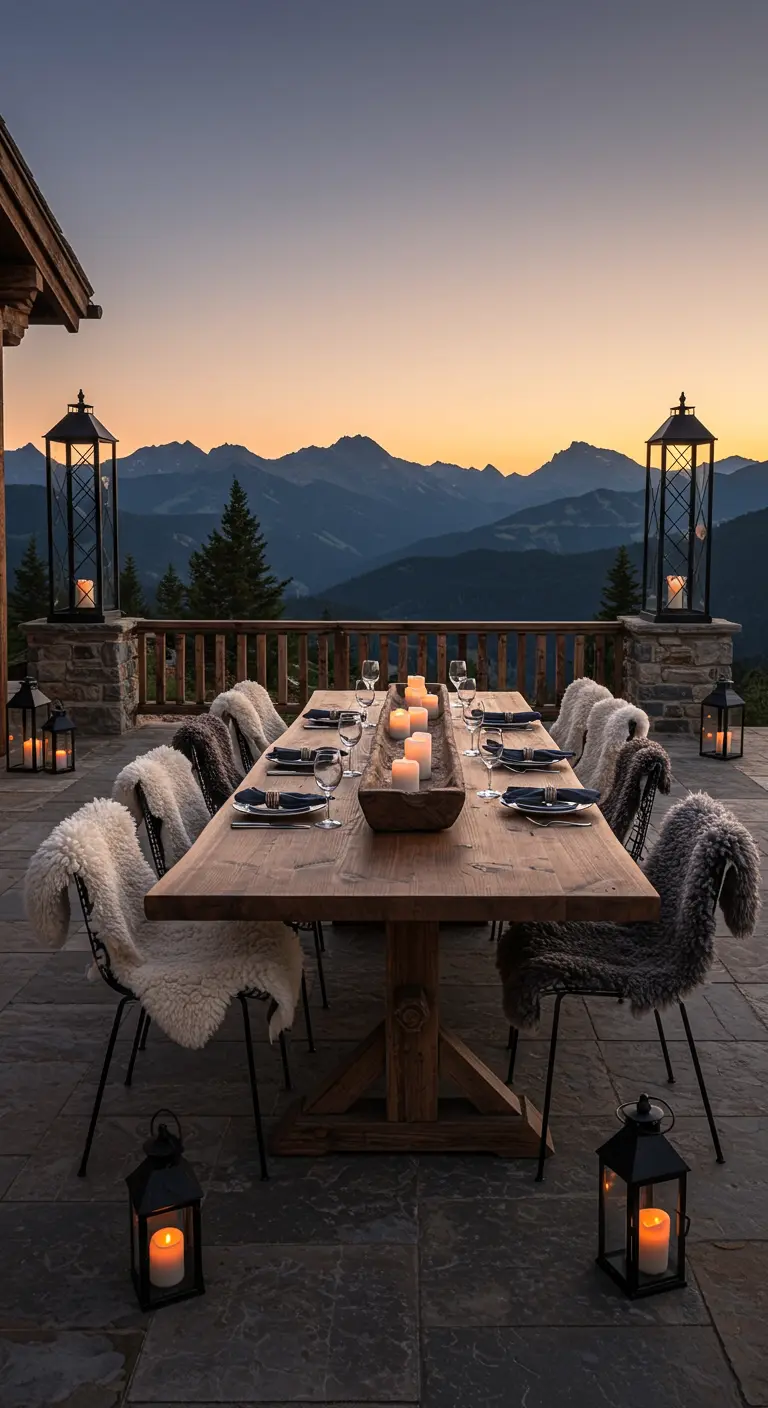 A long dining table on a stone patio with fur throws on chairs, overlooking mountains at sunset.