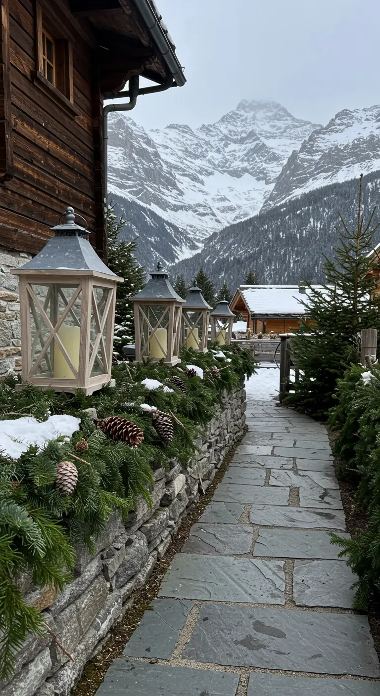 A stone path beside an alpine chalet, with lanterns on a stone wall.