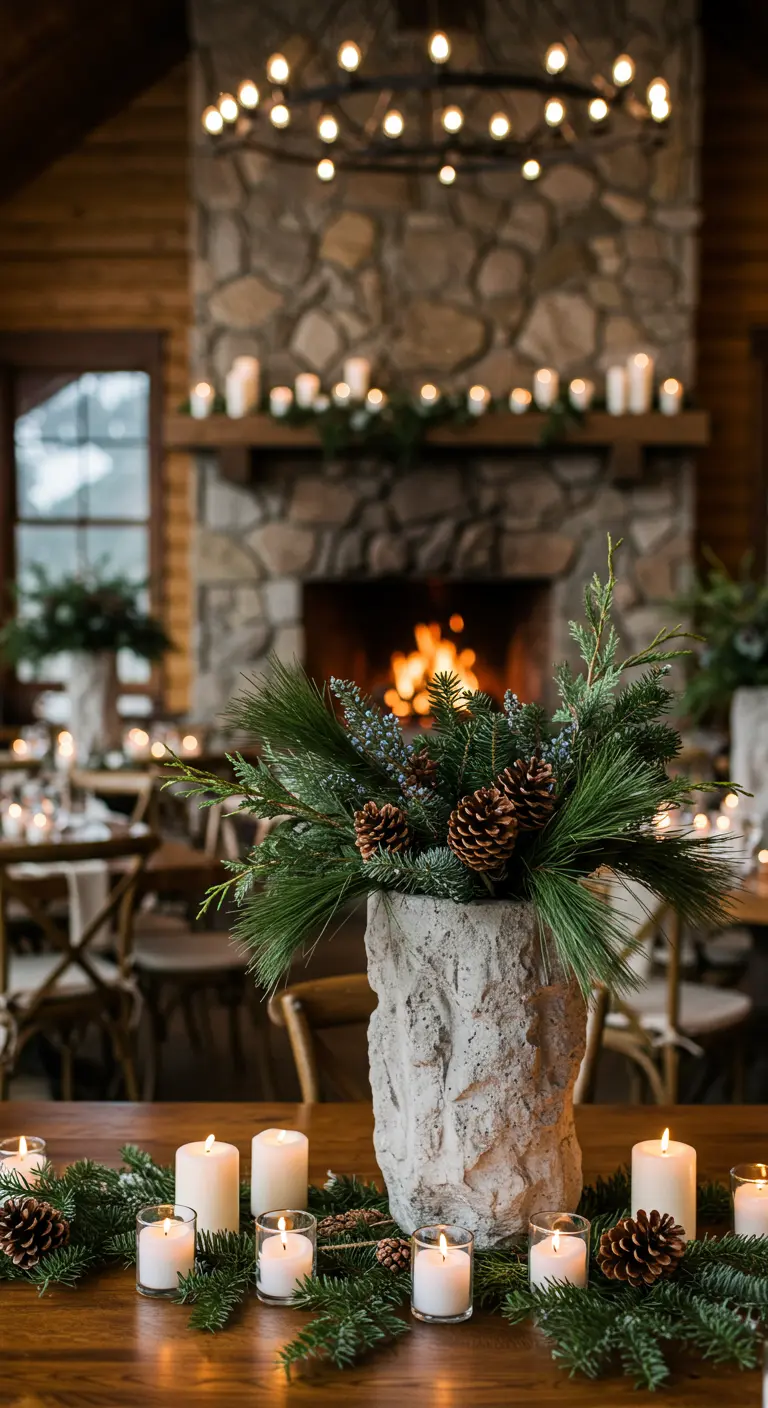 A rough concrete vase with pine branches and pinecones in front of a stone fireplace.