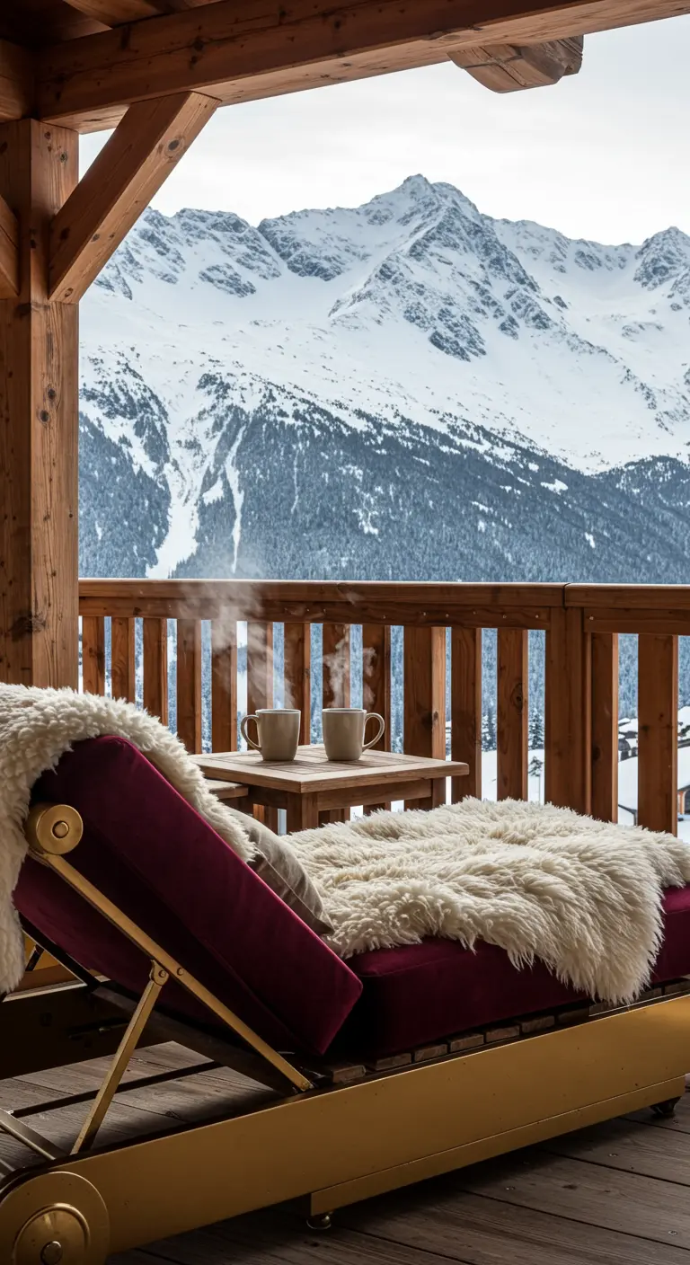 A burgundy velvet chaise with a sheepskin throw on a wooden balcony with mountain views.