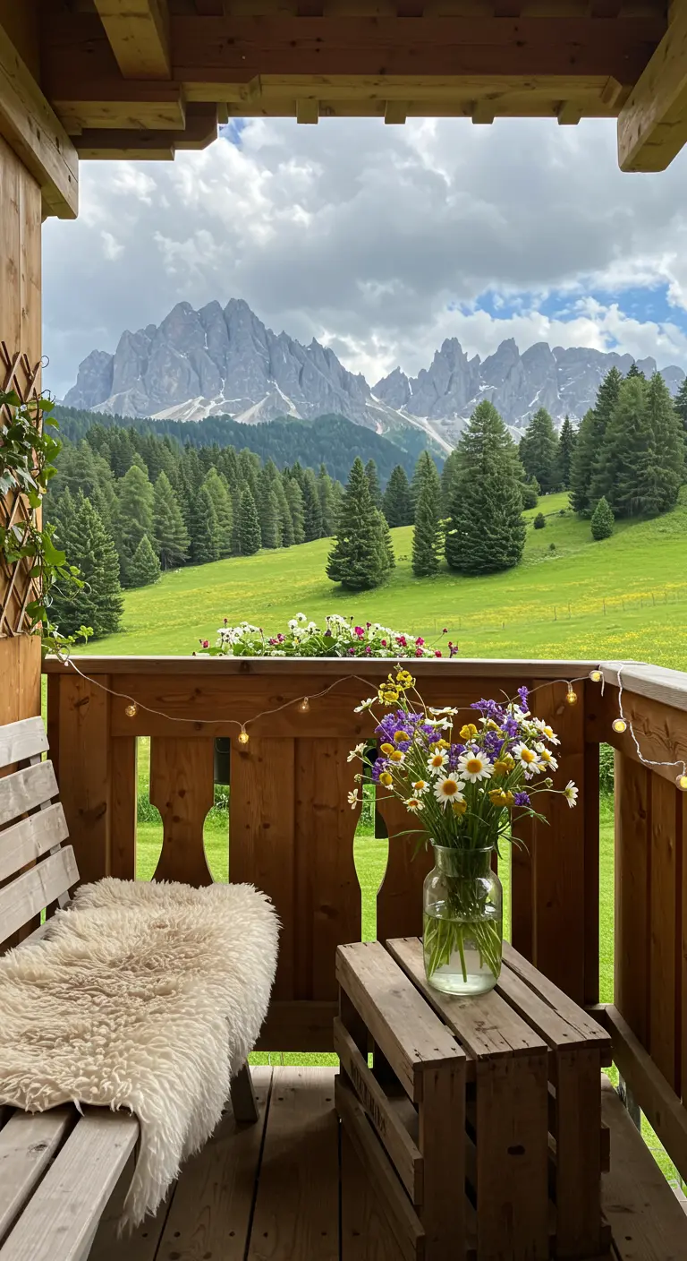Wooden balcony bench with a sheepskin throw looking out over a green mountain meadow.