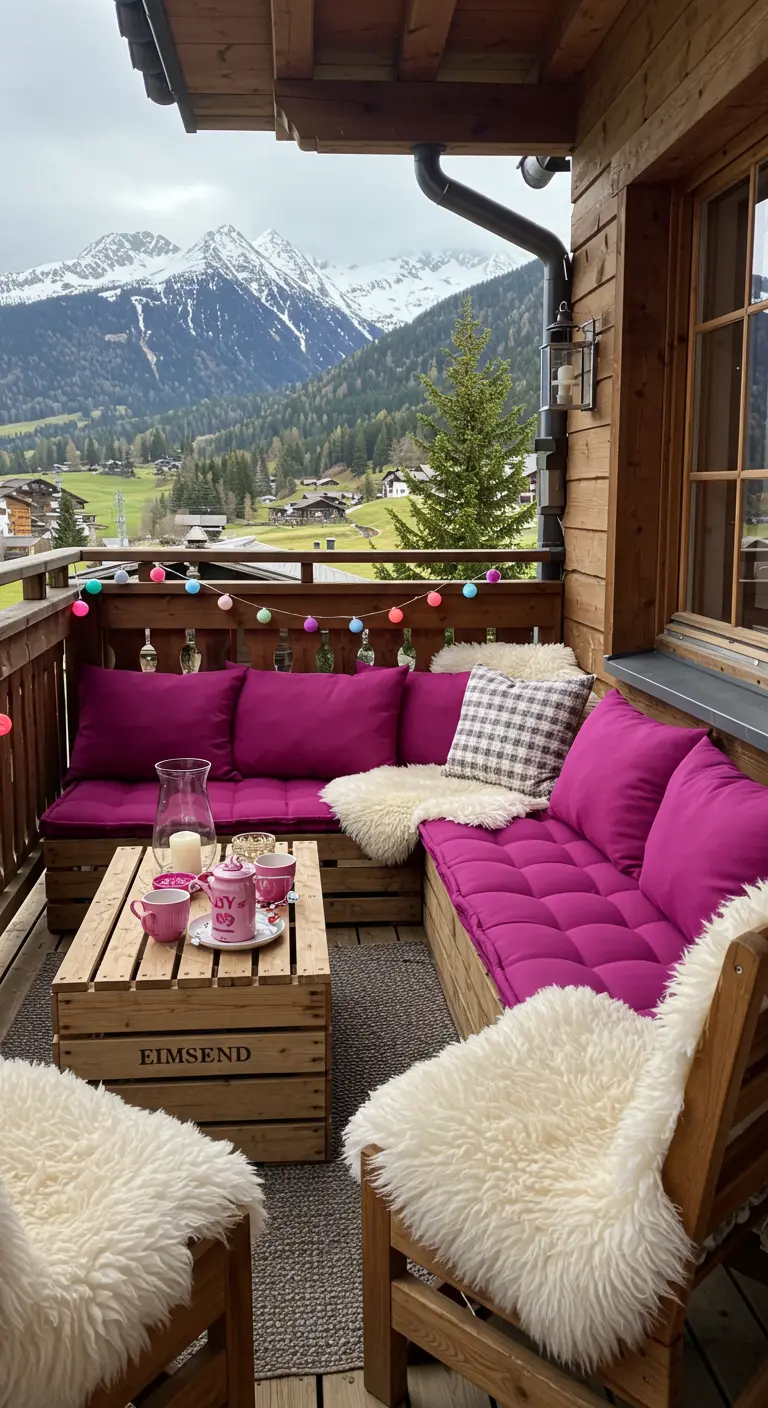 A balcony with bright magenta cushions, fur throws, and colorful party lights.