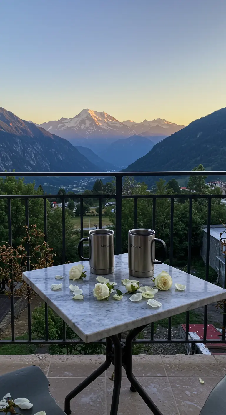 A square marble table on a balcony with a stunning mountain view, set with travel mugs.