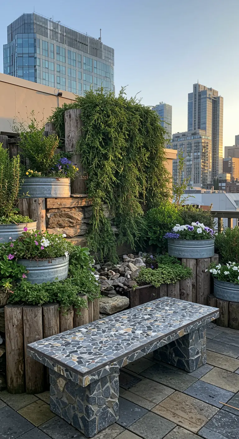 Pebble mosaic bench on a rooftop with planters made from logs and metal tubs.
