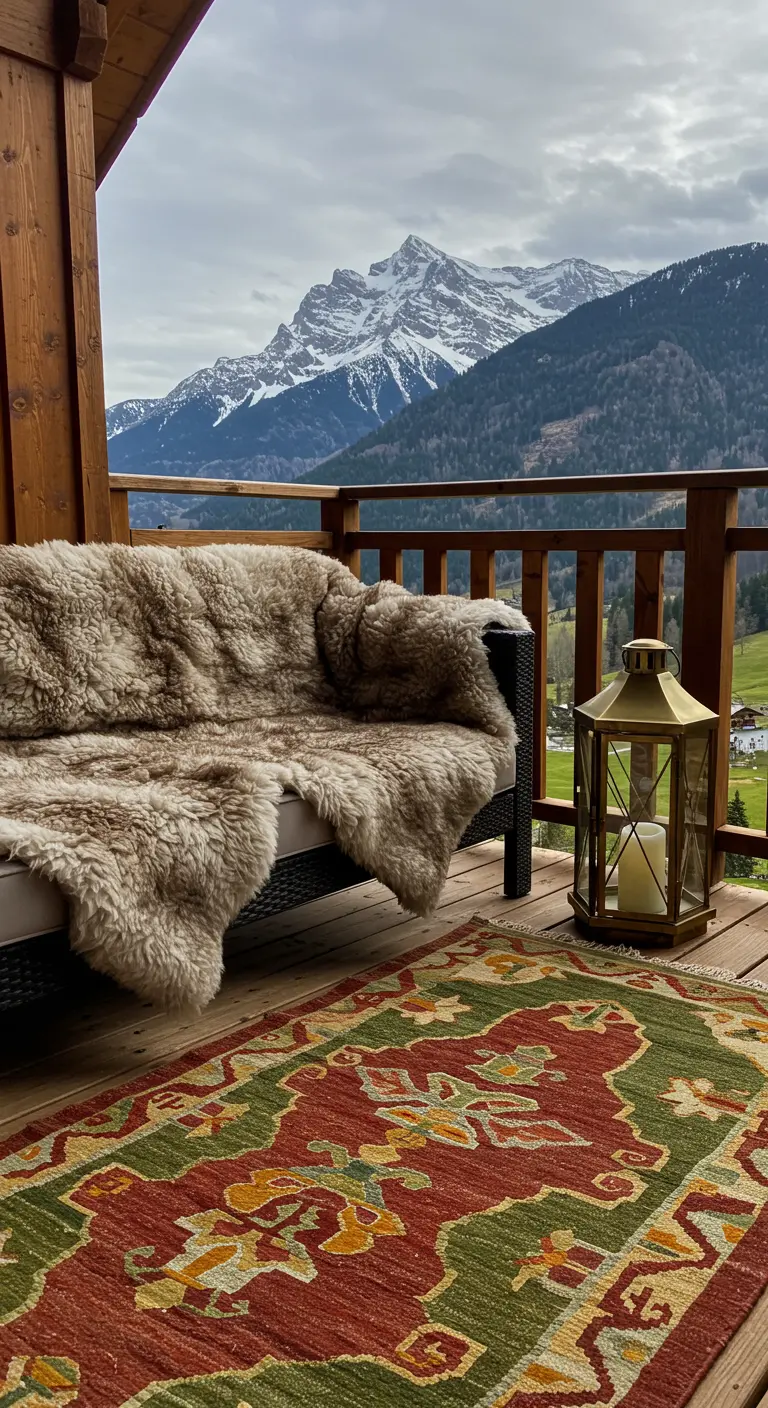 Balcony with a mountain view, a kilim rug, a sofa with a sheepskin throw, and a brass lantern.