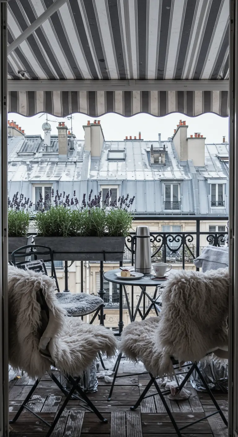Bistro chairs with fluffy white sheepskin throws on a balcony overlooking Parisian rooftops.