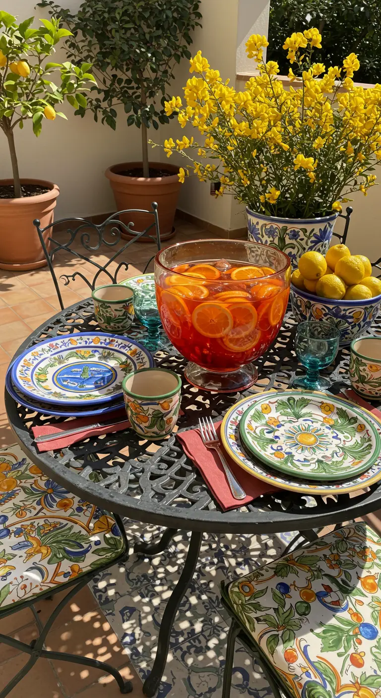 A Mediterranean patio table with colorful patterned plates and a large punch bowl of sangria.
