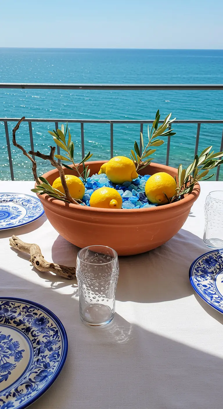 Mediterranean tablescape with lemons and olive branches in a terracotta bowl.