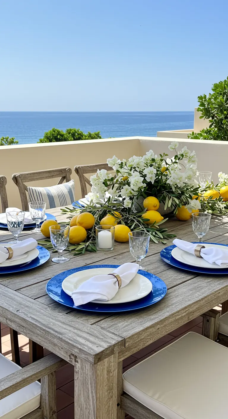 Outdoor table overlooking the sea, with blue plates and a fresh lemon centerpiece.