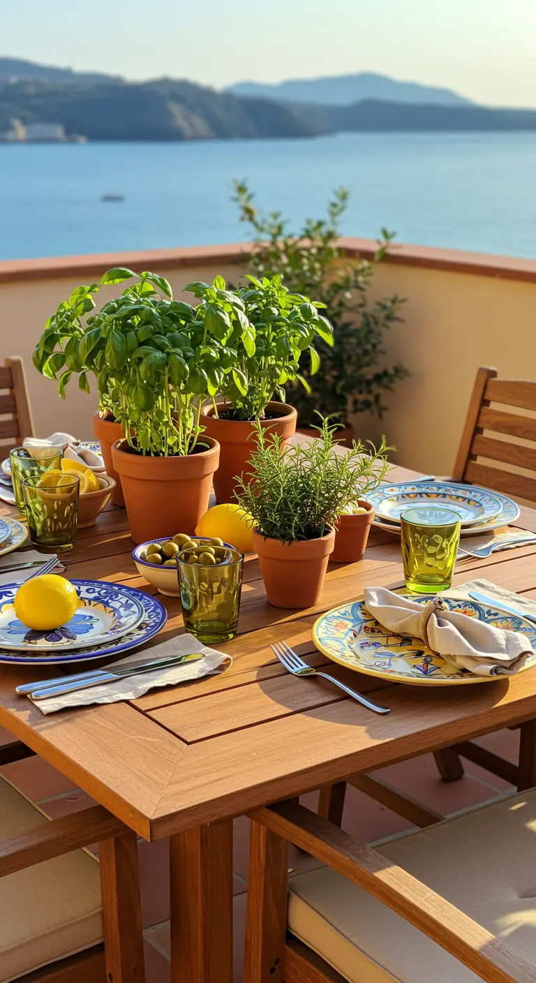 A vibrant tablescape on a terrace overlooking the sea, with potted herbs.