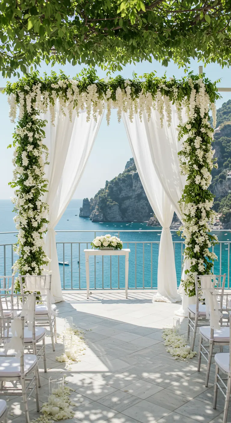 White floral wedding arch with wisteria overlooking the ocean.