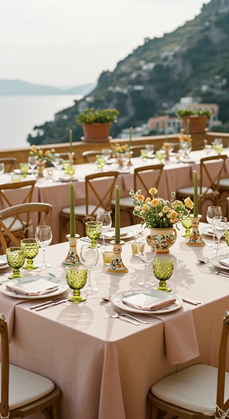 A tablescape overlooking the sea with a blush tablecloth, green glassware, and painted ceramic vases.