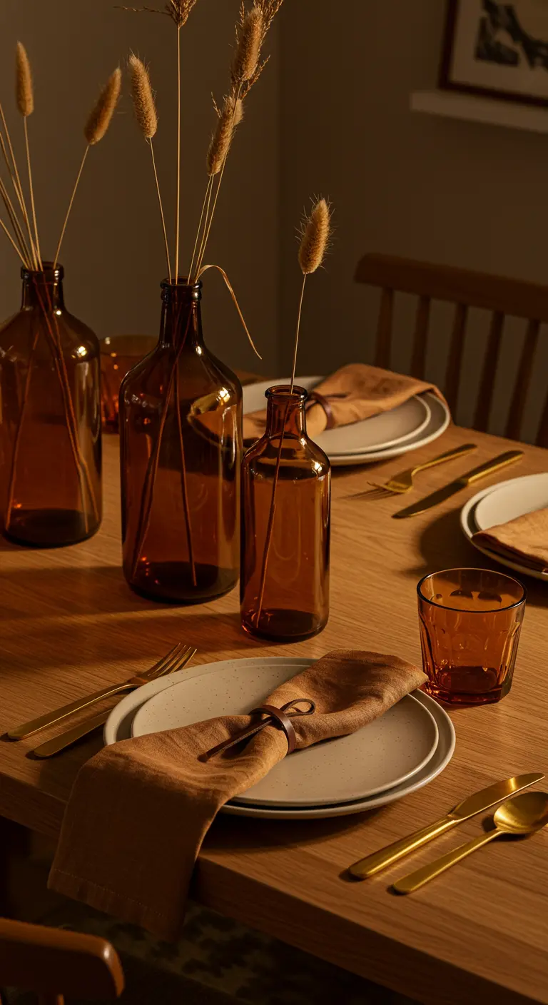 A warm tablescape with amber glass bottles, dried grasses, and gold cutlery.