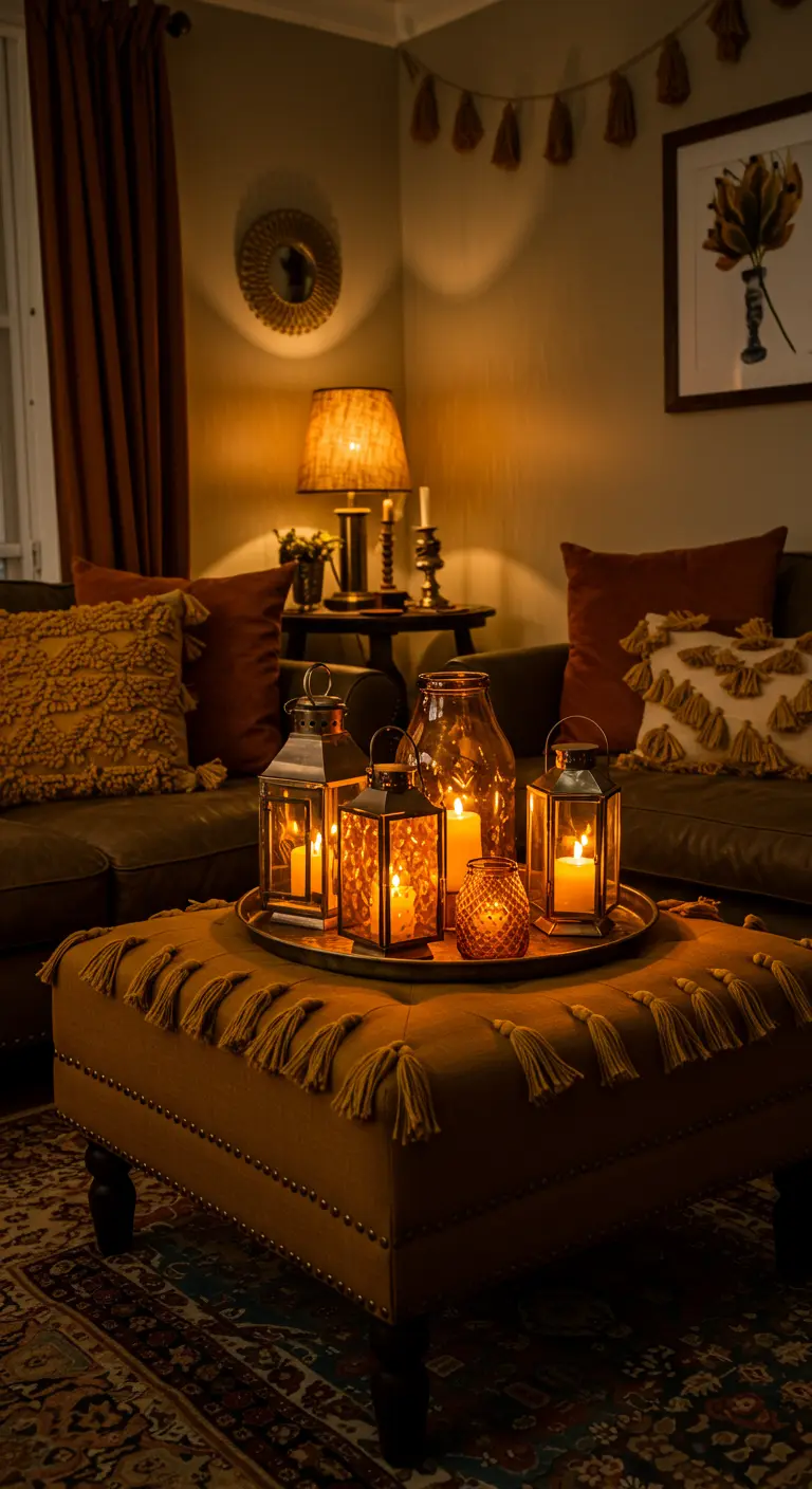 A cozy living room with a large tasseled ottoman and a tray of glowing amber lanterns.