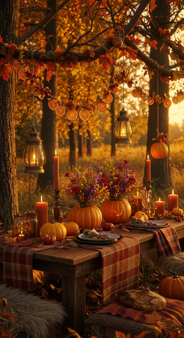 Autumnal forest table with pumpkin vases and dried orange garlands.