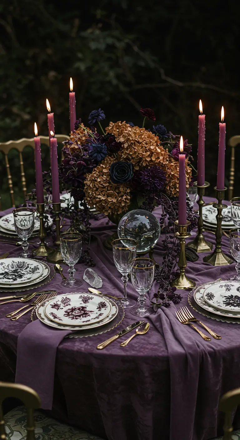 Opulent table with purple velvet cloth, antique floral plates, and gold cutlery.