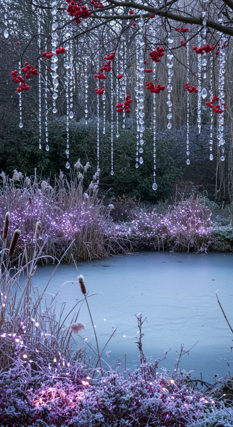 A frozen pond at dusk, with surrounding plants lit by purple fairy lights and branches hung with crystals.