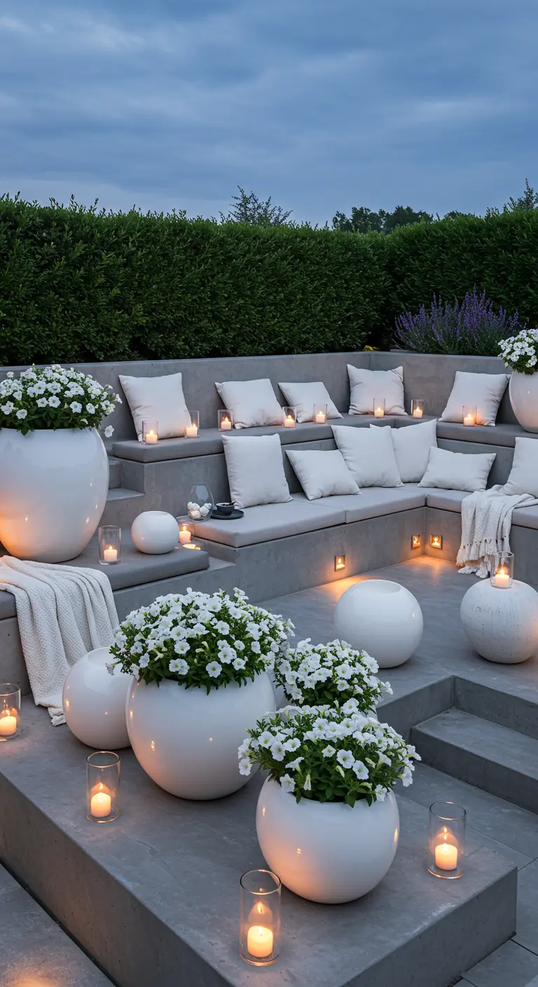 A tiered concrete patio with round white planters, white petunias, and scattered candles.