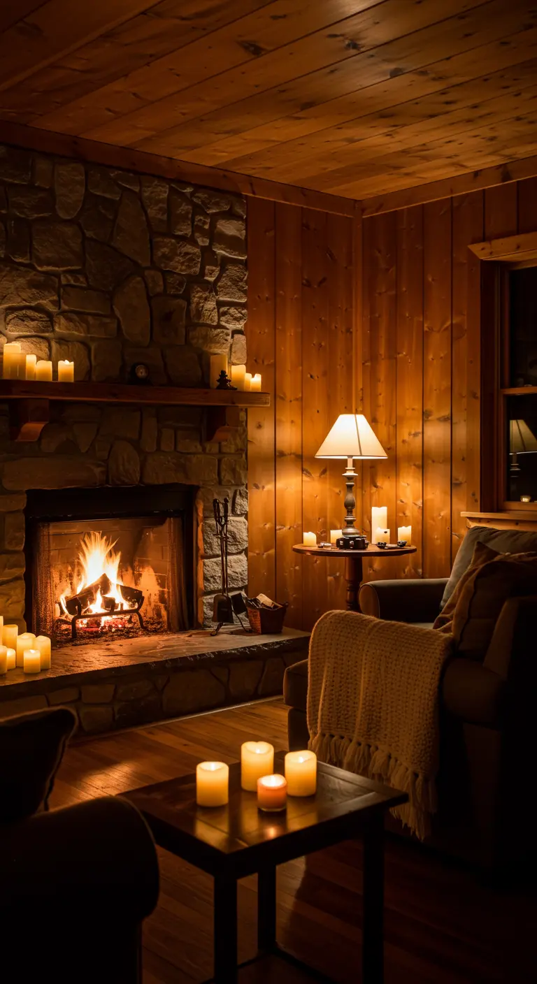 Stone fireplace and hearth decorated with a lit fire and numerous glowing candles.