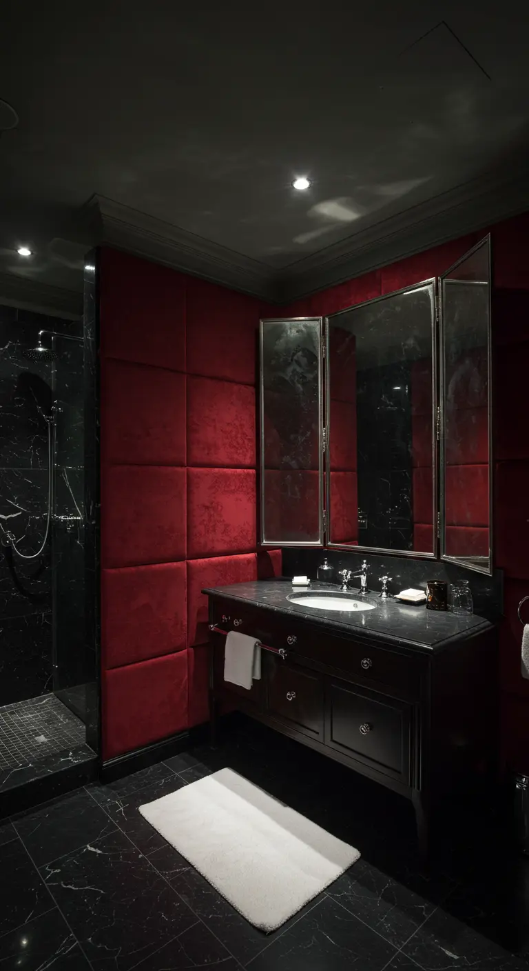 Dramatic bathroom with red velvet walls, black marble, and a three-panel triptych mirror.
