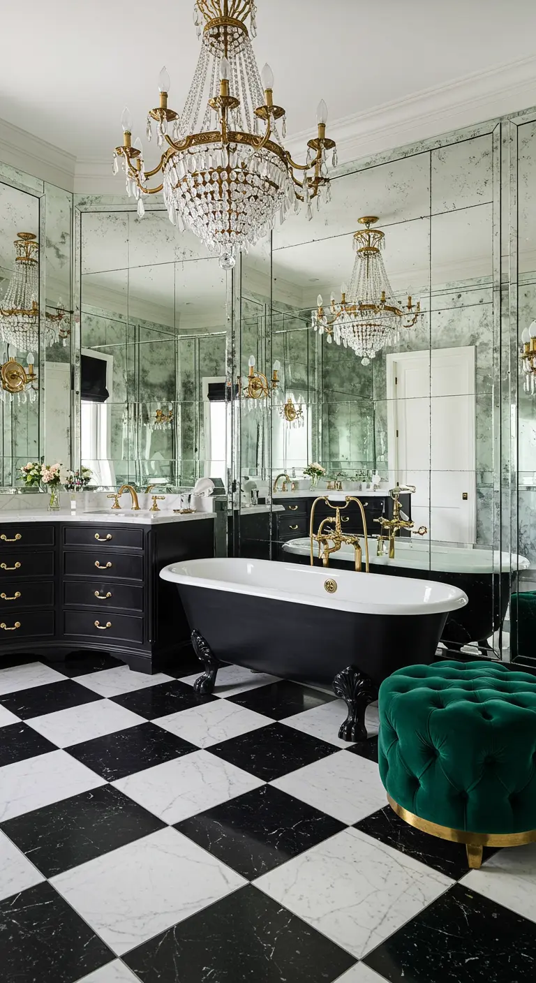 Glamorous bathroom with checkerboard floor, black tub, and antiqued mirror walls.