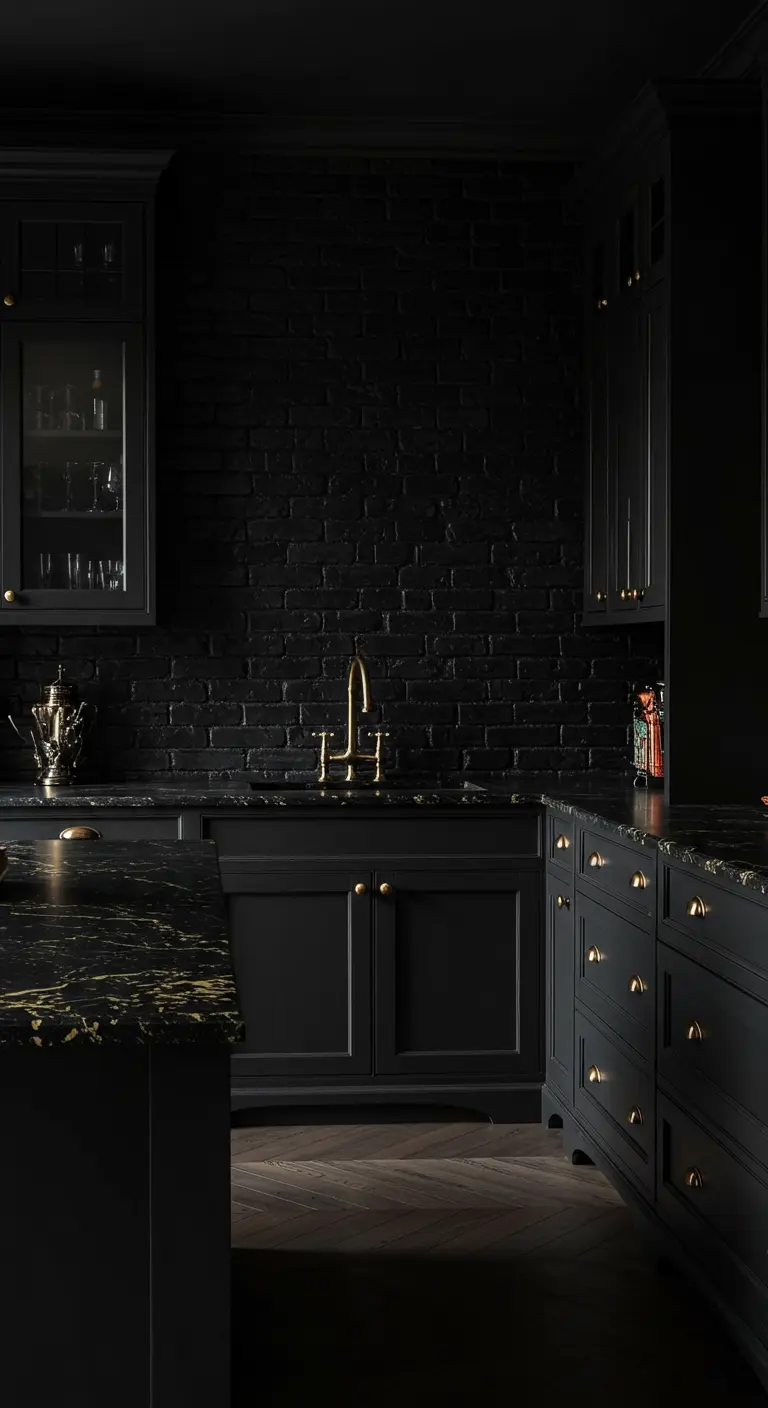 A dark kitchen with black cabinets and a black countertop with dramatic gold veining.