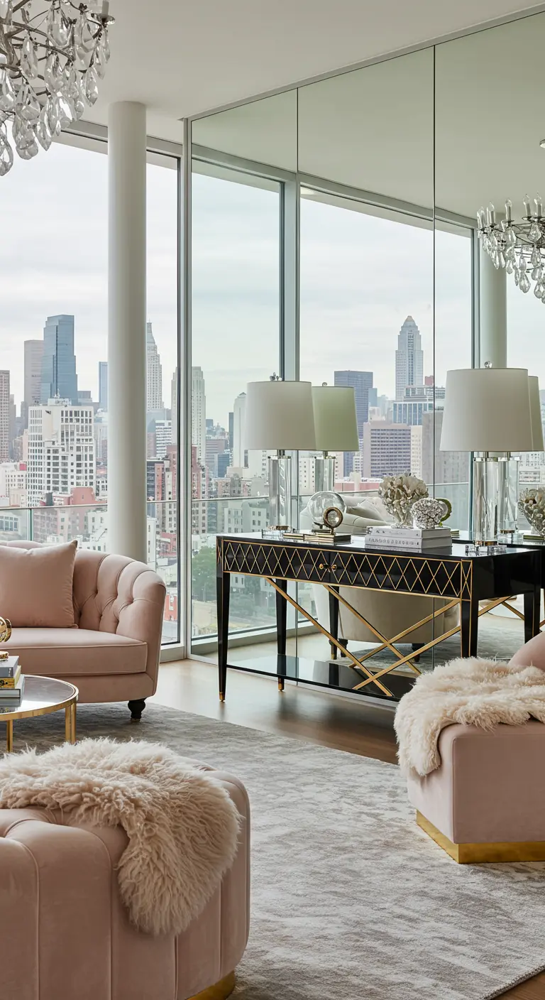 Pink velvet sofa and ottoman in front of a mirrored wall reflecting a city skyline.