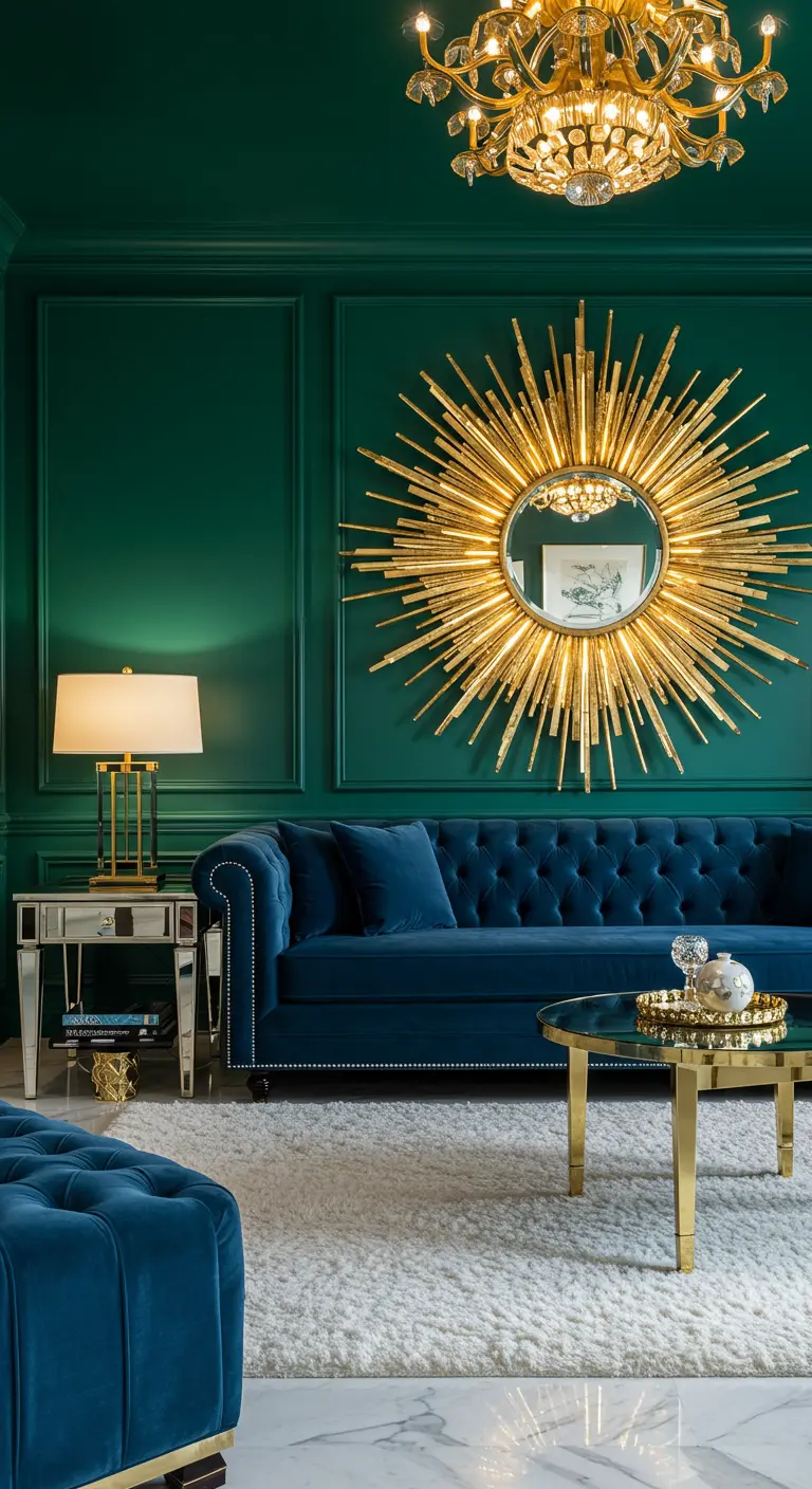 Glamorous living room with a blue tufted sofa, a large gold sunburst mirror, and a mirrored side table.