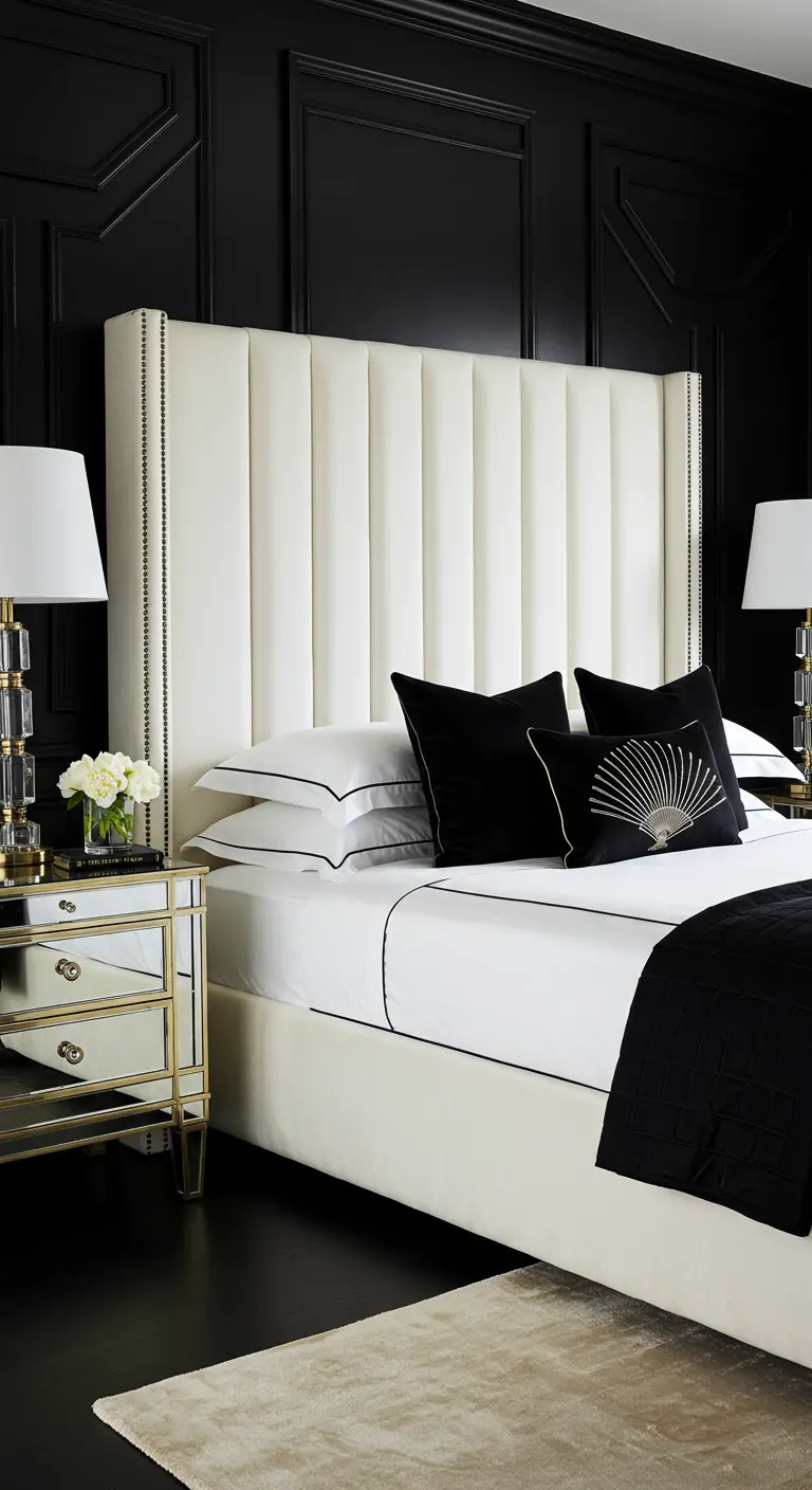 Glamorous bedroom with a tall cream velvet headboard against a black wall and a mirrored nightstand.